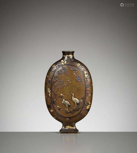 NOGAWA : A FINE PARCEL-GILT AND INLAID BRONZE ‘CORMORANT FIS...