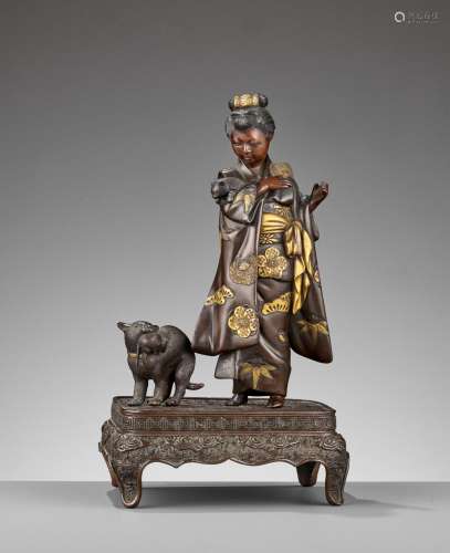 MIYAO: A RARE GOLD-INLAID BRONZE OKIMONO OF A LADY WITH CATS