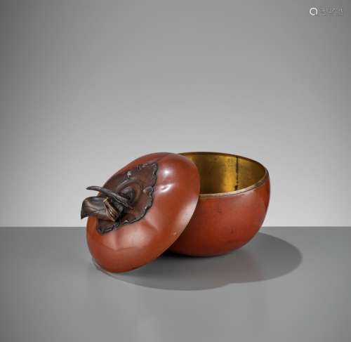 A BRONZE PERSIMMON-FORM INCENSE BOX AND COVER