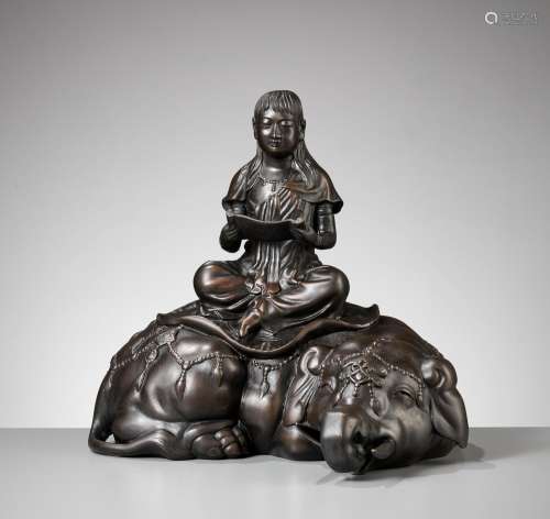 SHIUN: A FINE BRONZE OKIMONO OF FUGEN BOSATSU SEATED ON AN E...