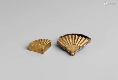 TWO GOLD LACQUER FAN-SHAPED MINIATURE BOXES AND COVERS