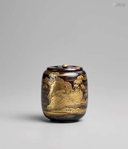 A BLACK AND GOLD LACQUER KORO AND COVER IN THE FORM OF A CHA...