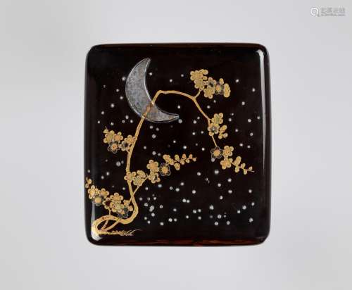 A BLACK AND GOLD LACQUER SUZURIBAKO WITH THE MOON, HO-O BIRD...