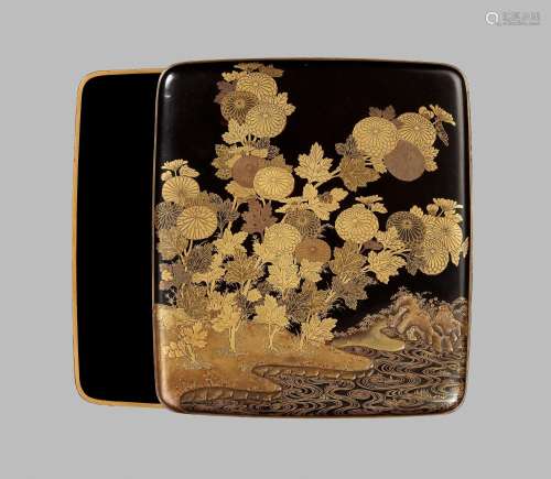 A BLACK AND GOLD LACQUER SUZURIBAKO WITH CHRYSANTHEMUM AND D...