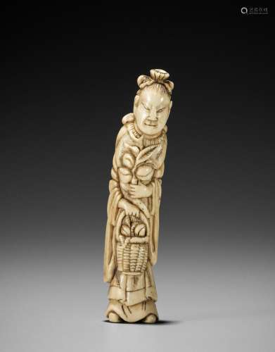 A TALL STAG ANTLER NETSUKE OF SEIOBO