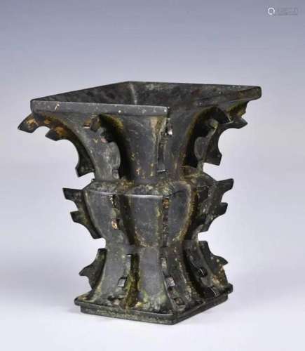 A Gold-Splashed Bronze Quadrangular Vase Qing