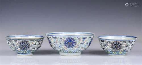 A Group of 3 Doucai Bowls with Guangxu Mk & Period