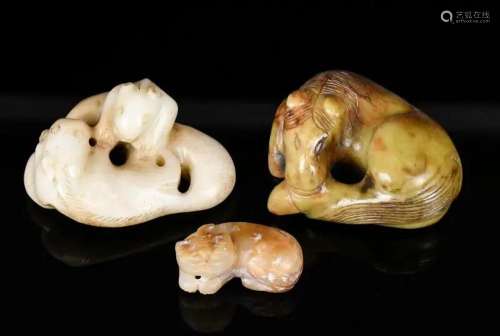 A Group of Three Jade Carved Fortune Beasts
