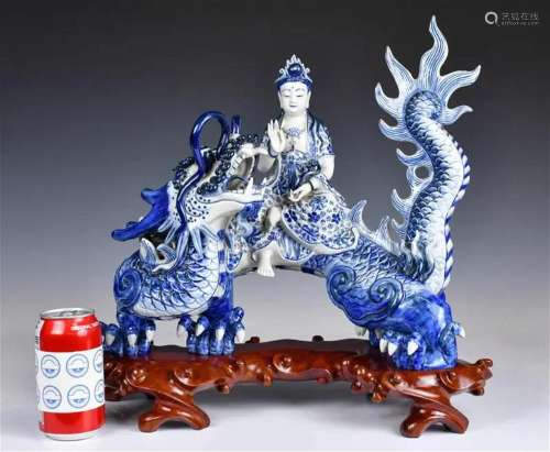 A Blue & White GuanYin Riding Dragon Statue 20thC