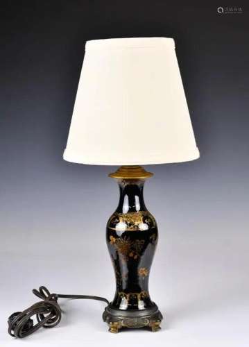 A Black Glazed Vase Lamp 19thC