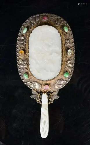 An Enameled Silver & Jade Plaque Hand Mirror 19thC