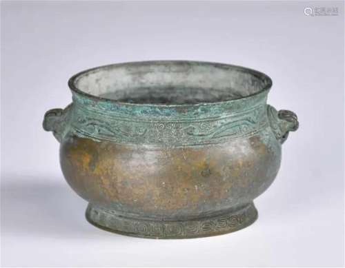 A Small Lion-Head-Ears Bronze Burner Qing