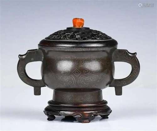 A Bronze Incense Burner w/Stand & Cover 17-18thC