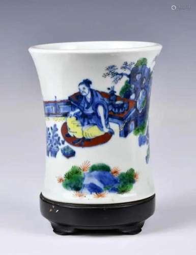 A Wucai Brush Pot with Stand, Qing