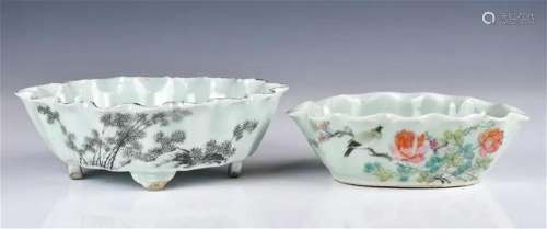 2 Chinese Lotus Leaf Shape Narcissus Basins 19thC