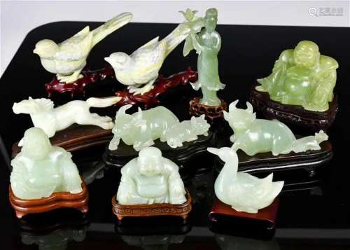 A Group of 10 Jade Carved Animal Ornaments 20thC