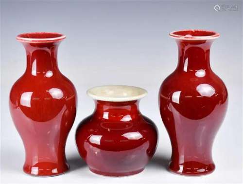A Group of 3 Red Glazed Pocelain Vases 1950-70s