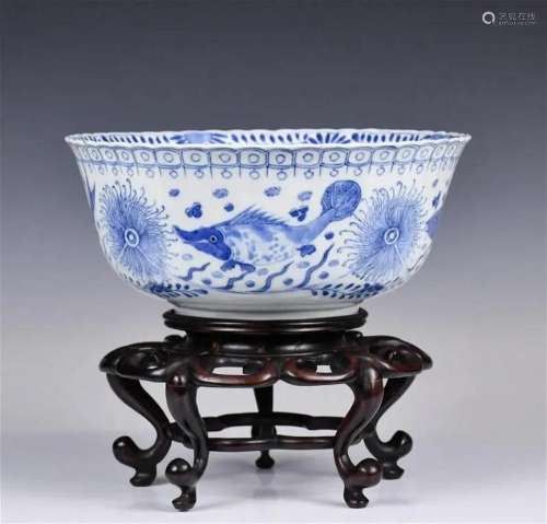A Large Blue and White Bowl with Stand Kangxi Mark