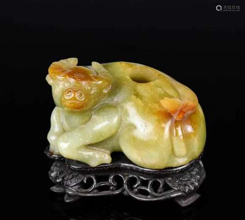 A Jade Carved Buffalo with Stand