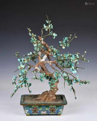 A Cloisonne Potted Turquoise Blossoms 20thC