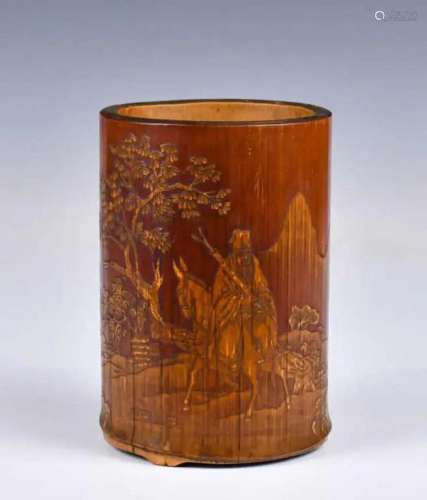 A Bamboo Carved Brush Pot by Zhou Mushan, Qing