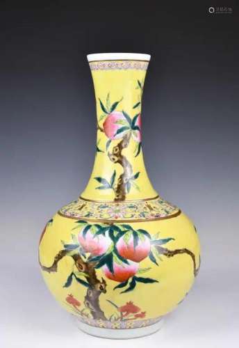 A Yellow Grounded Famille Rose Vase, Late Qing