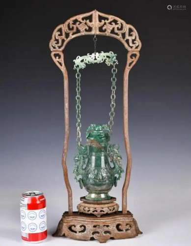 A Jade Carved Hanging Vase w/Stand 1950-70s