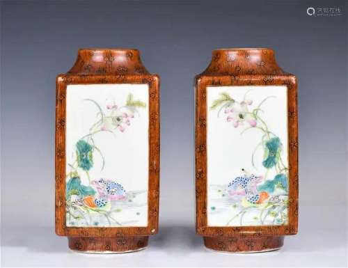 A Pair of Famille Rose Cong Vases Republican Perio