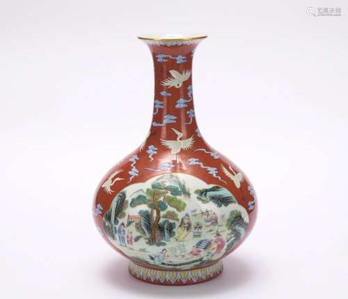 A red-ground and famille-rose 'figure and crane' vase