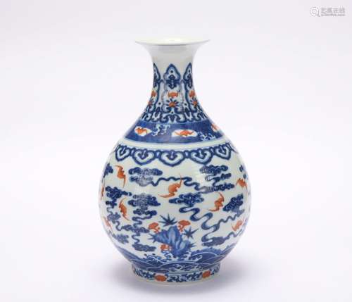 A blue and white allite red glazed 'crane' pear-shaped vase