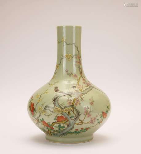 A celadon-glazed famille-rose 'floral and birds' vase