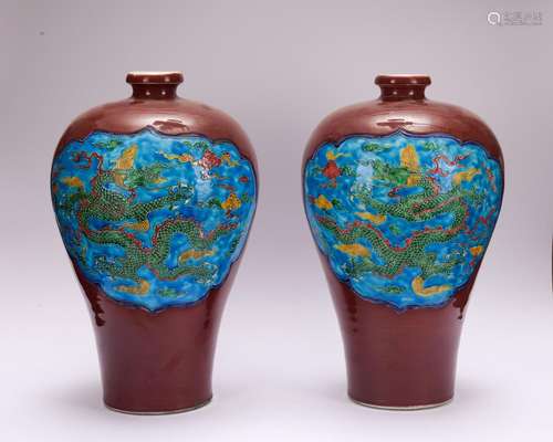 A pair of red-glazed and enamel 'dragon' Meiping