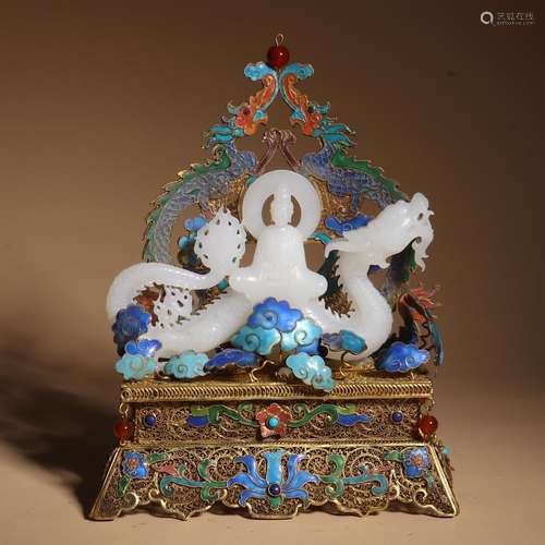 A silver gilded filigree inlay and inlaid jade statue of Ava...