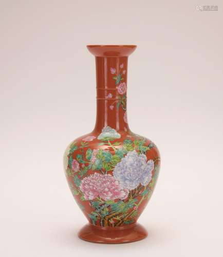 A red-ground famille-rose 'floral' vase