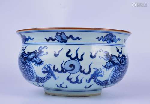 A blue and white 'dragon' censer