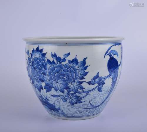 A blue and white 'floral and birds' jar