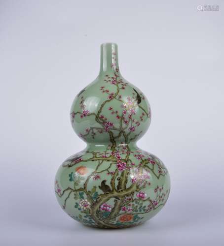 A celadon-glazed and famille-rose 'floral and birds' gourd-s...