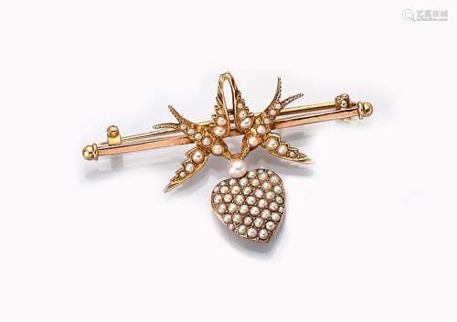 14 kt gold Art Nouveau brooch with seed pearls