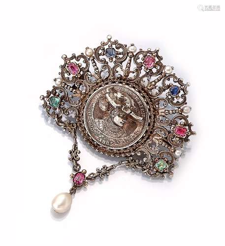 Unusual coin brooch with pearls and bevelled coloured synthe...