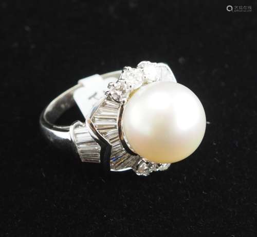 Natural cultured pearl and diamond ring