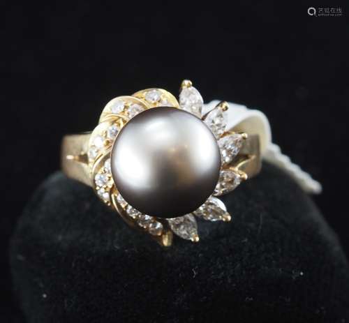 Natural cultered  black pearl and diamond ring