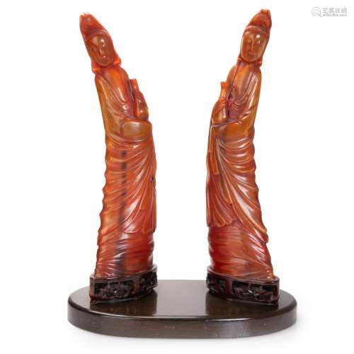 PAIR CHINESE CARVED BUFFALO HORN