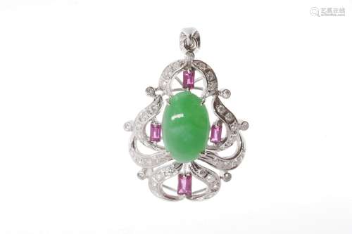 Natural jadeite, pink sapphire and diamond pendant