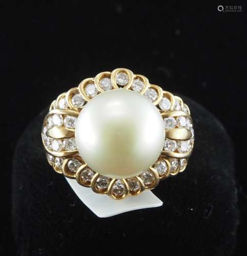 Natural cultured  pearl and diamond ring