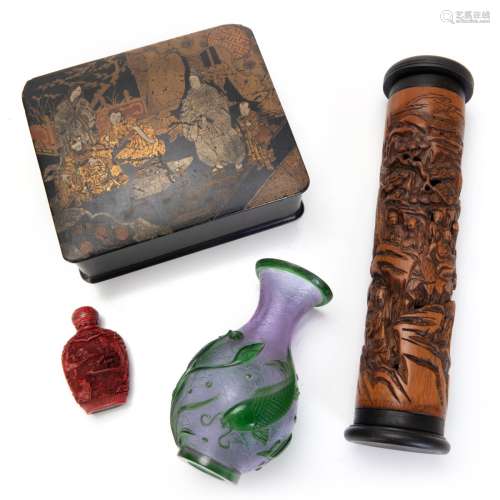 GROUP OF WOOD CARVED, SNUFF BOTTLE, VAES, LACQUER