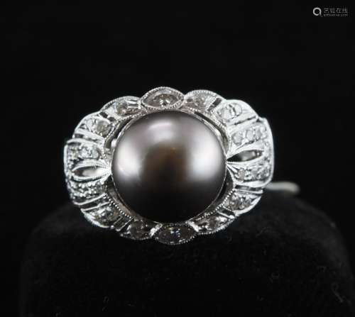 Natural cultured black pearl and diamond ring