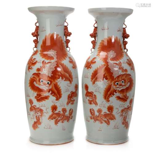 PAIR OF CHINESE PORCELAIN IRON-RED LION VASES