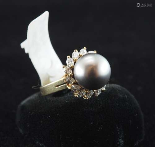 Natural cultered  black pearl and diamond ring