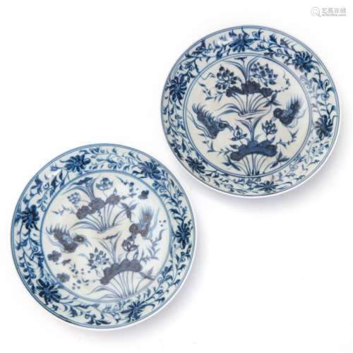 CHINESE BLUE AND WHITE PORCELAIN DISH PAIR