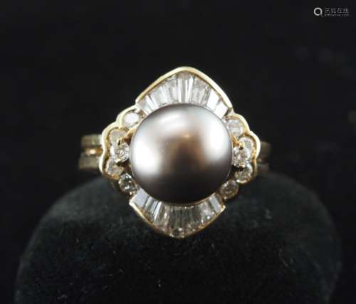 Natural cultered  black pearl and diamond ring